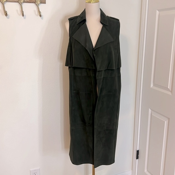 WORTH Dark Green Sleeveless Suede Trench Vest Size Small - Picture 1 of 17
